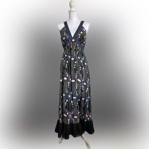 NWT Gracie 100% Silk Black Floral Dress Blue and Purple Flowers